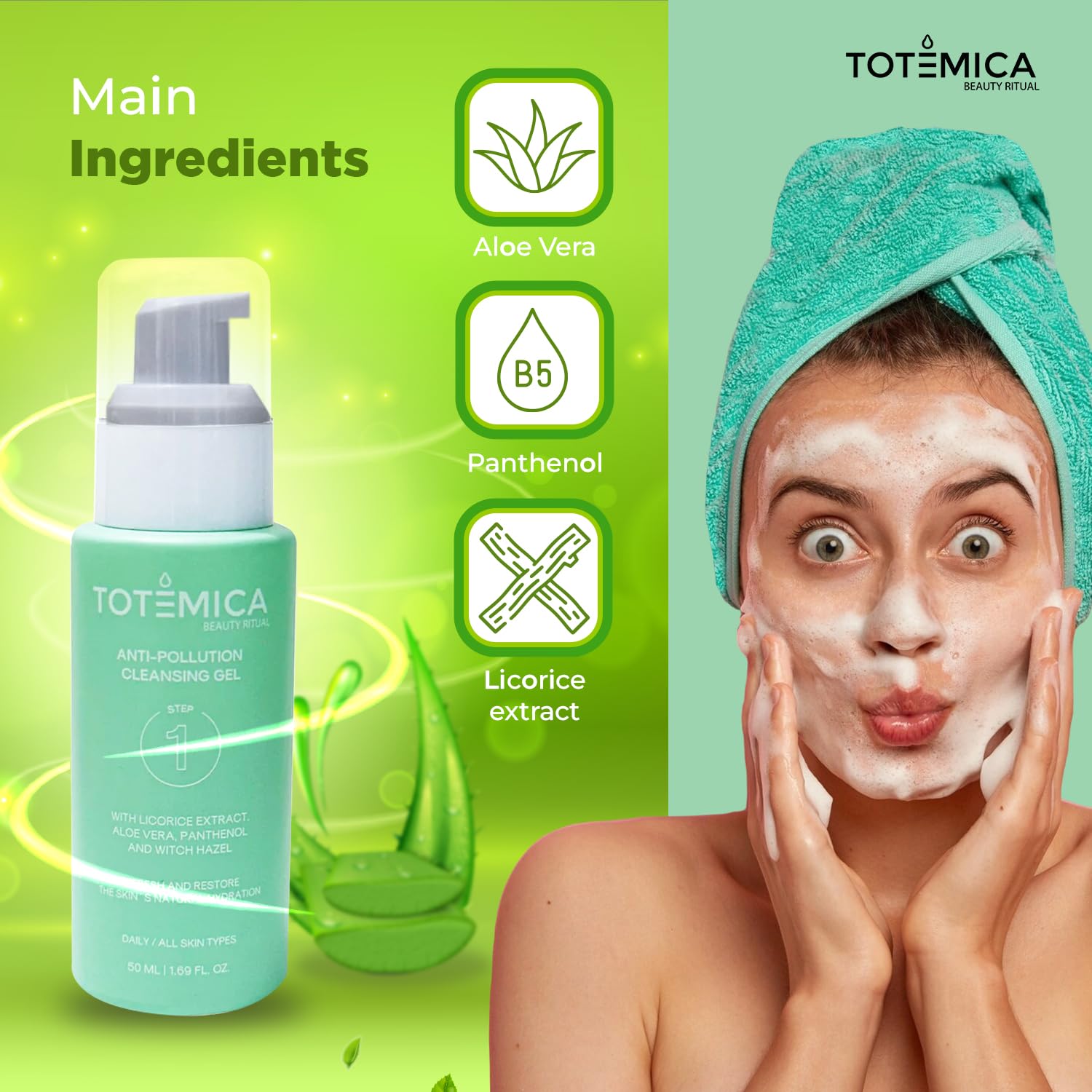Totemica facial cleanser aloe vera gel texture close-up highlighting hydration