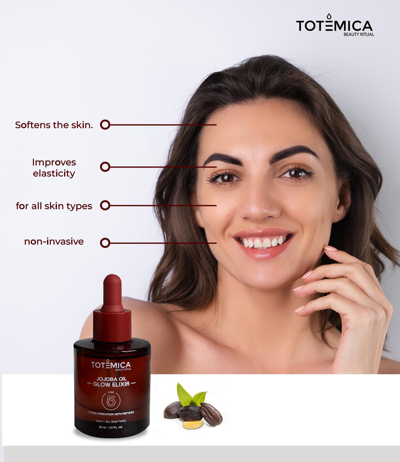 Pouring Totemica Jojoba Oil Glow Elixir highlights quick absorption and a non-greasy finish