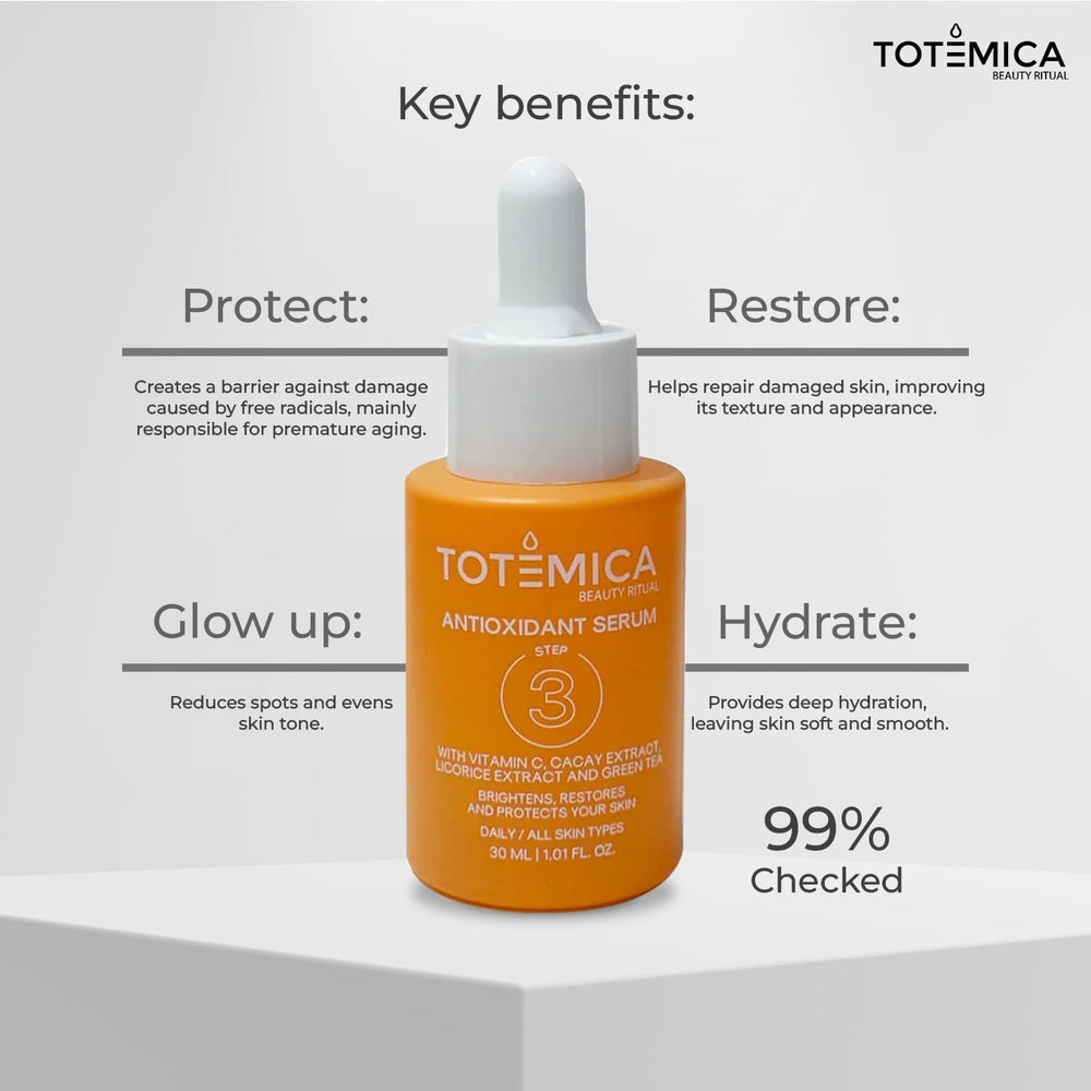 Totemica Vitamin C Serum label shows vegan and alcohol-free formula