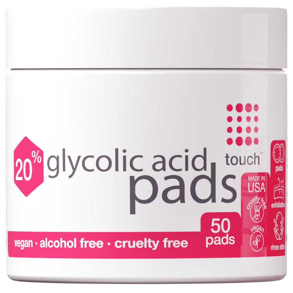 Touch 20% Glycolic Pads bottle close-up for exfoliation and brightness.