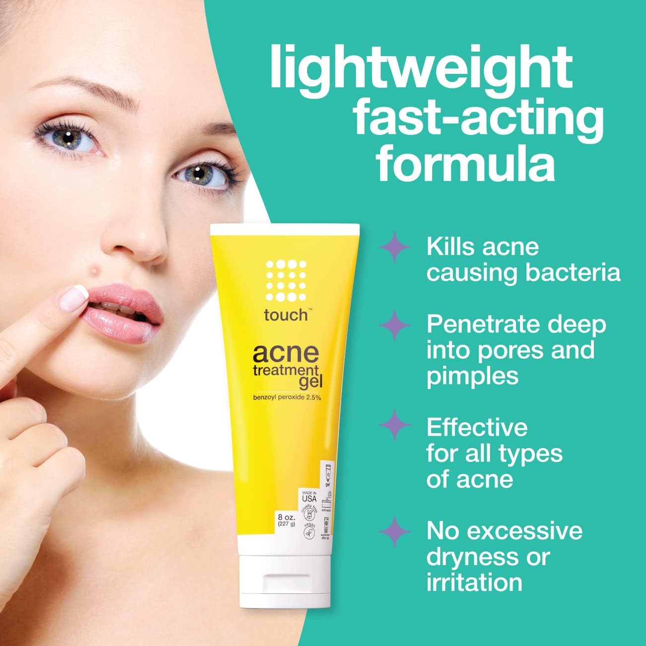 Closeup of Touch Benzoyl Peroxide 2.5 percent gel dispenses smoothly for targeted spot treatment