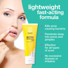 Closeup of Touch Benzoyl Peroxide 2.5 percent gel dispenses smoothly for targeted spot treatment