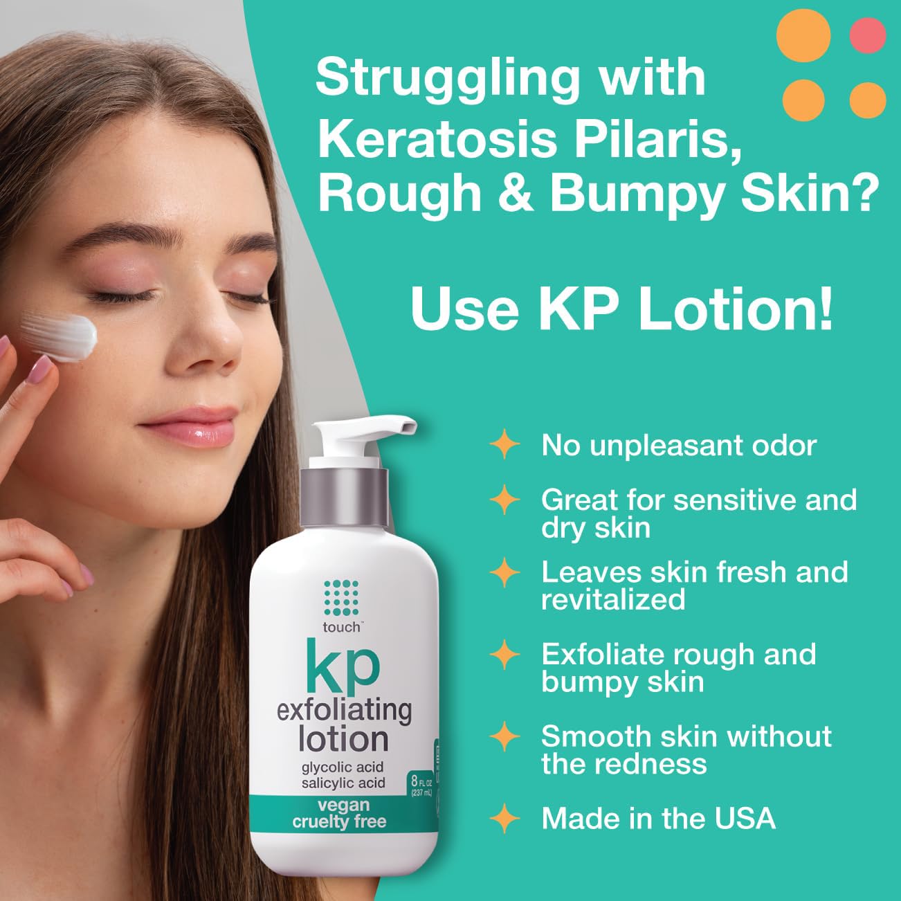 TOUCH Glycolic Acid Lotion label closeup highlights vegan, USA-made formula