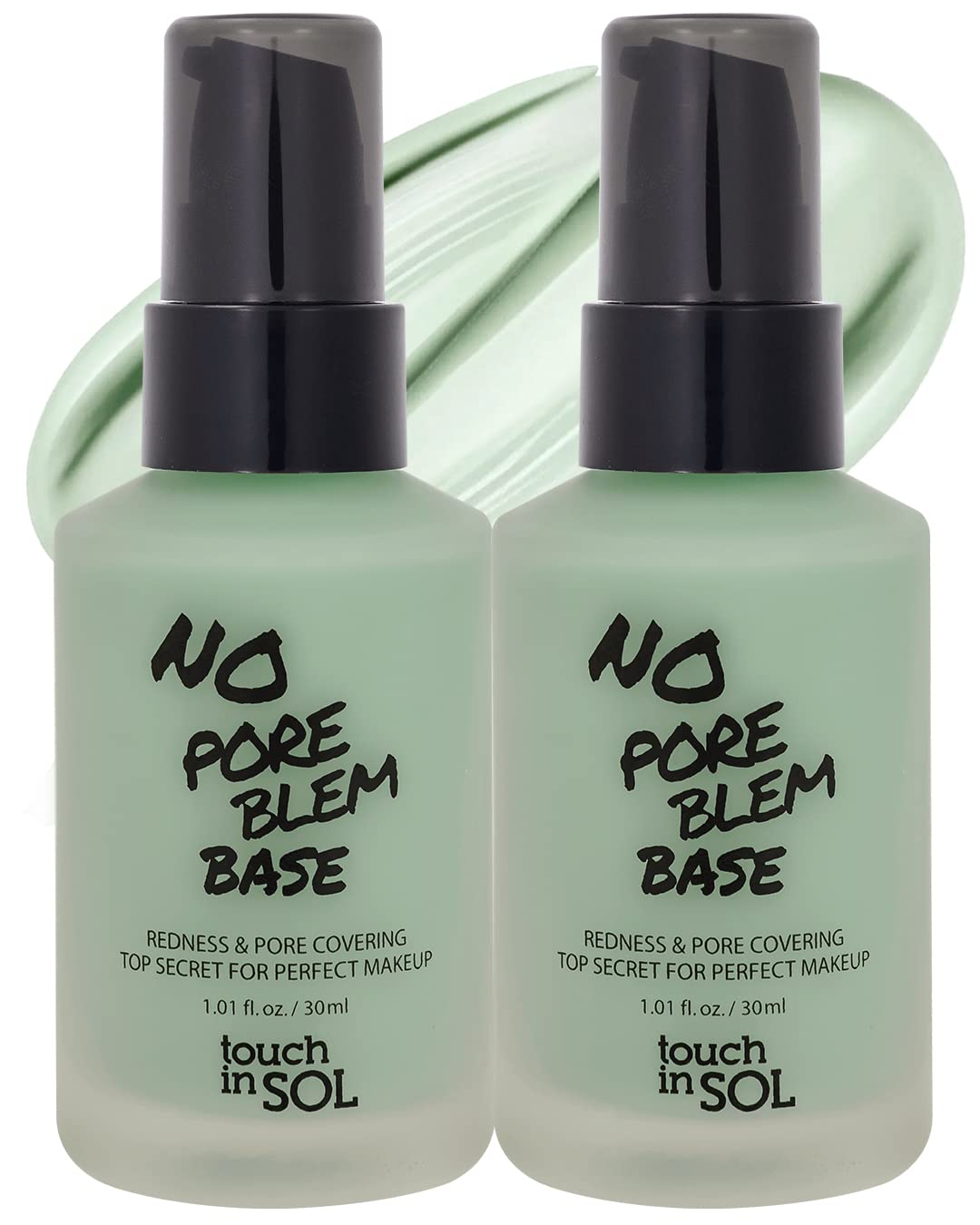 Touch In Sol redness correcting base primer pack shot shows calming green tint.
