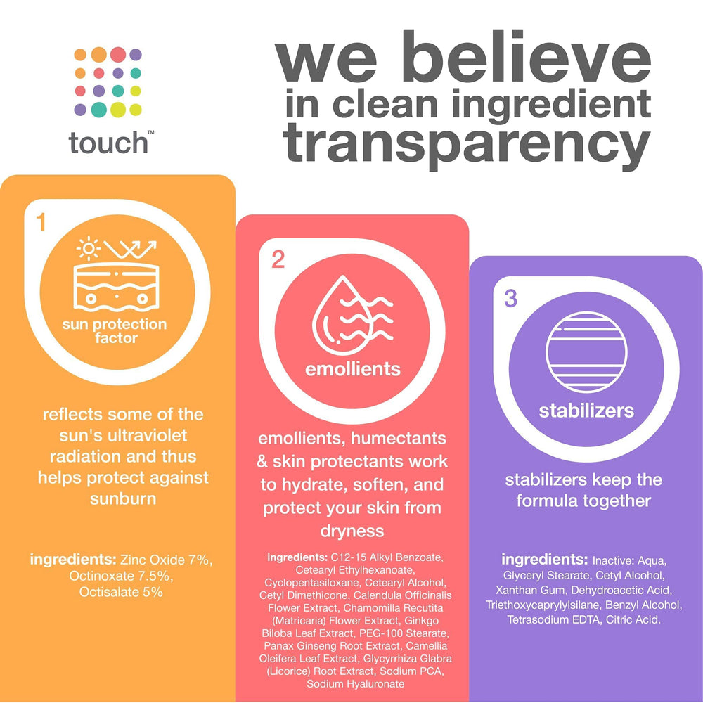 TOUCH made-in-USA vegan sunscreen using clean ingredients for daily use.