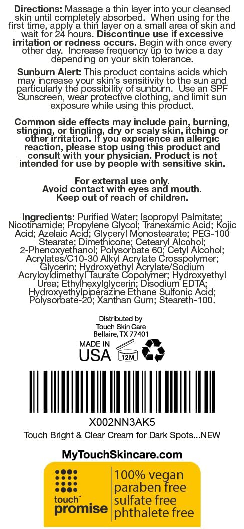 TOUCH Radiance Cream on face and neck area for even tone use.