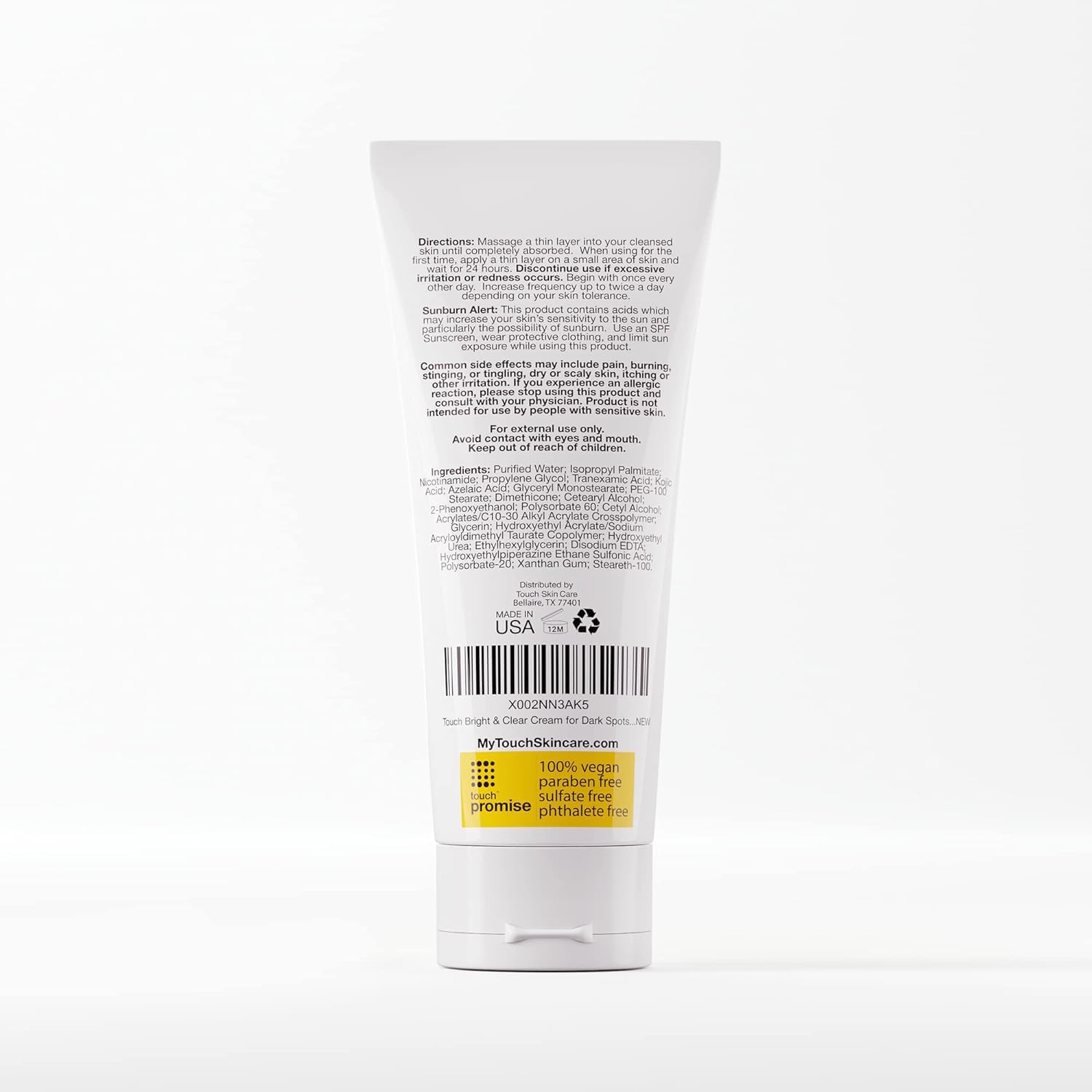 TOUCH Radiance Cream packaging panel close-up shows fragrance-free formula.