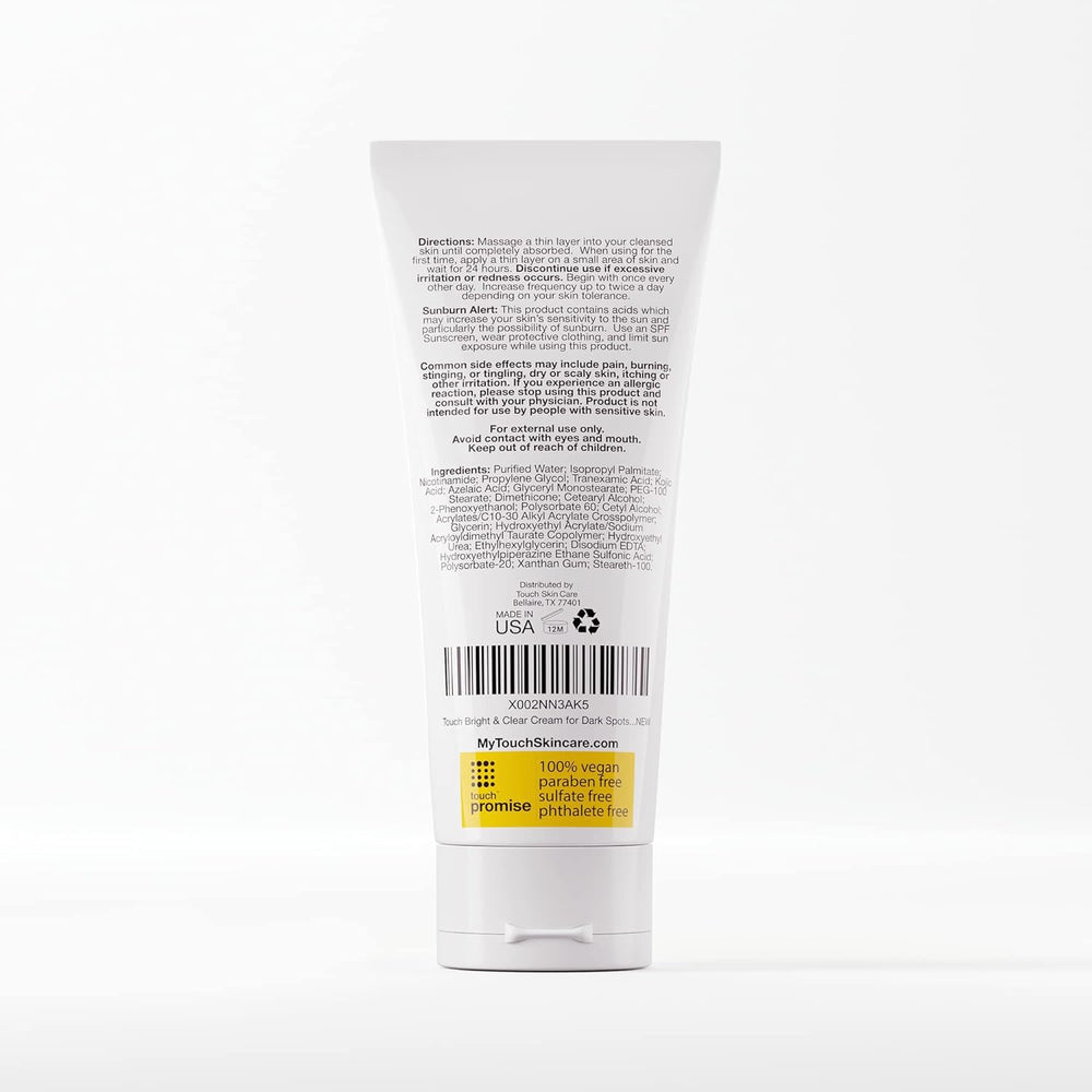 TOUCH Radiance Cream packaging panel close-up shows fragrance-free formula.