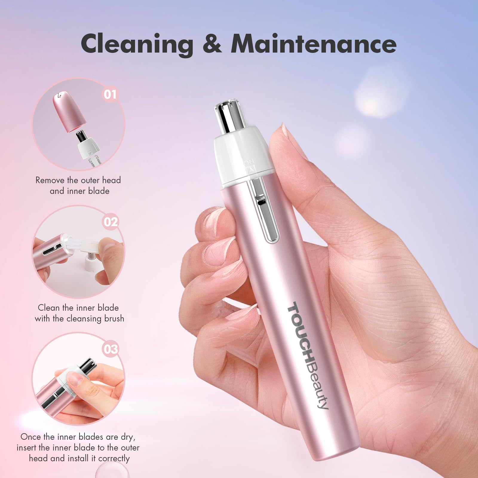 AAA battery-powered TOUCHBeauty trimmer for reliable performance anywhere.