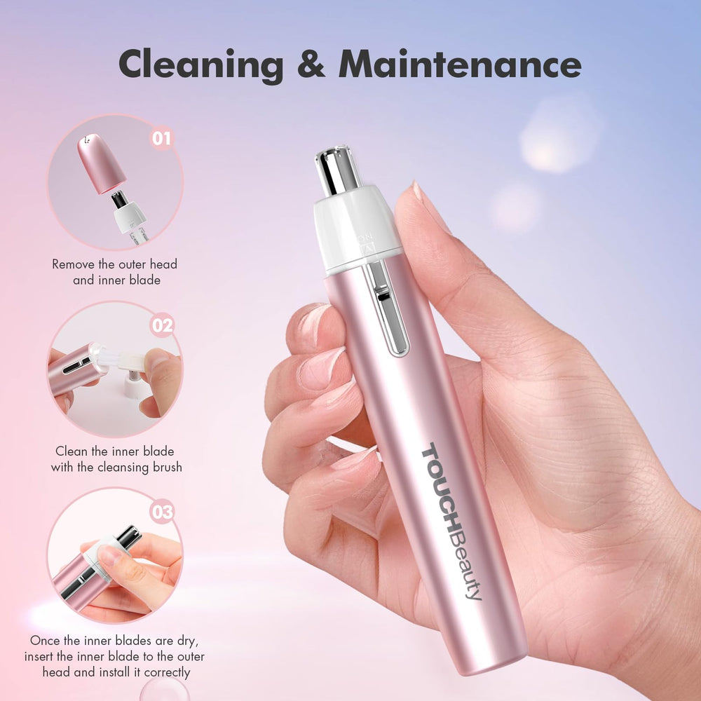 AAA battery-powered TOUCHBeauty trimmer for reliable performance anywhere.