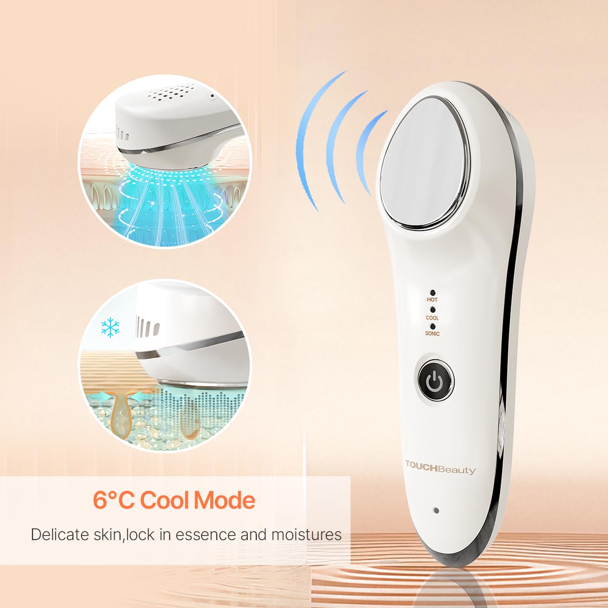 TOUCHBeauty massager on cheek demonstrates cooling for facial definition.