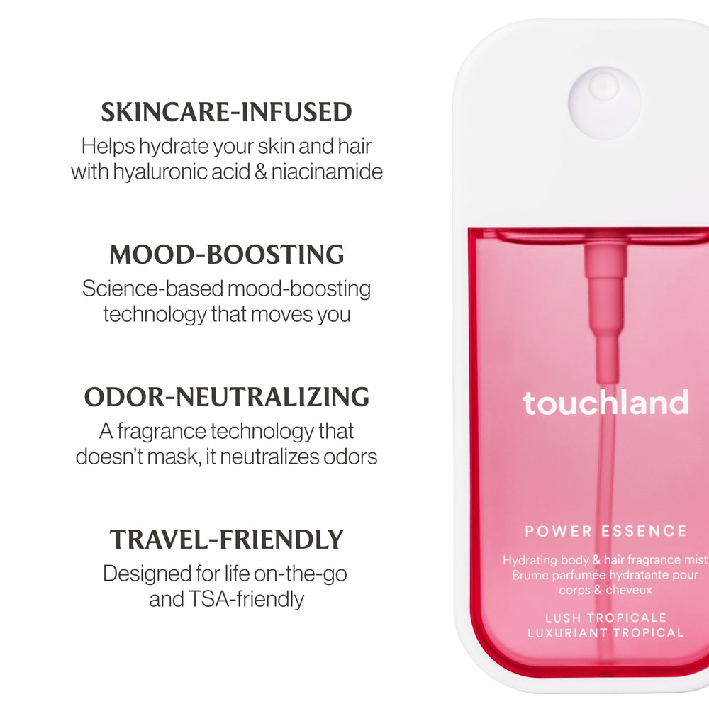 Touchland brand logo on packaging reinforces premium, portable care.