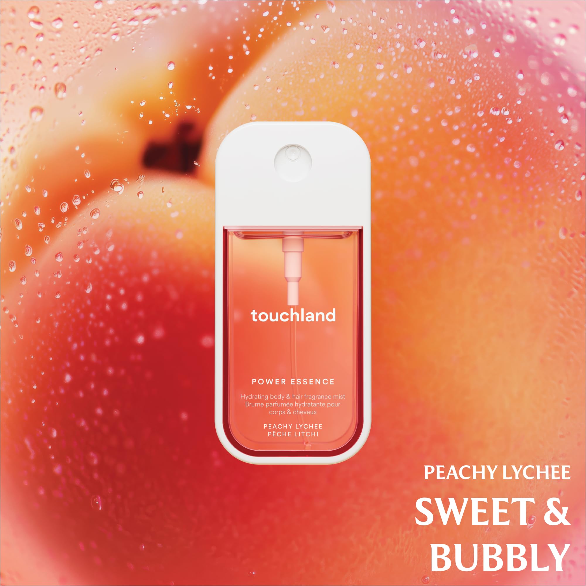 Touchland Peachy Lychee fragrance notes illustrated in a close up.