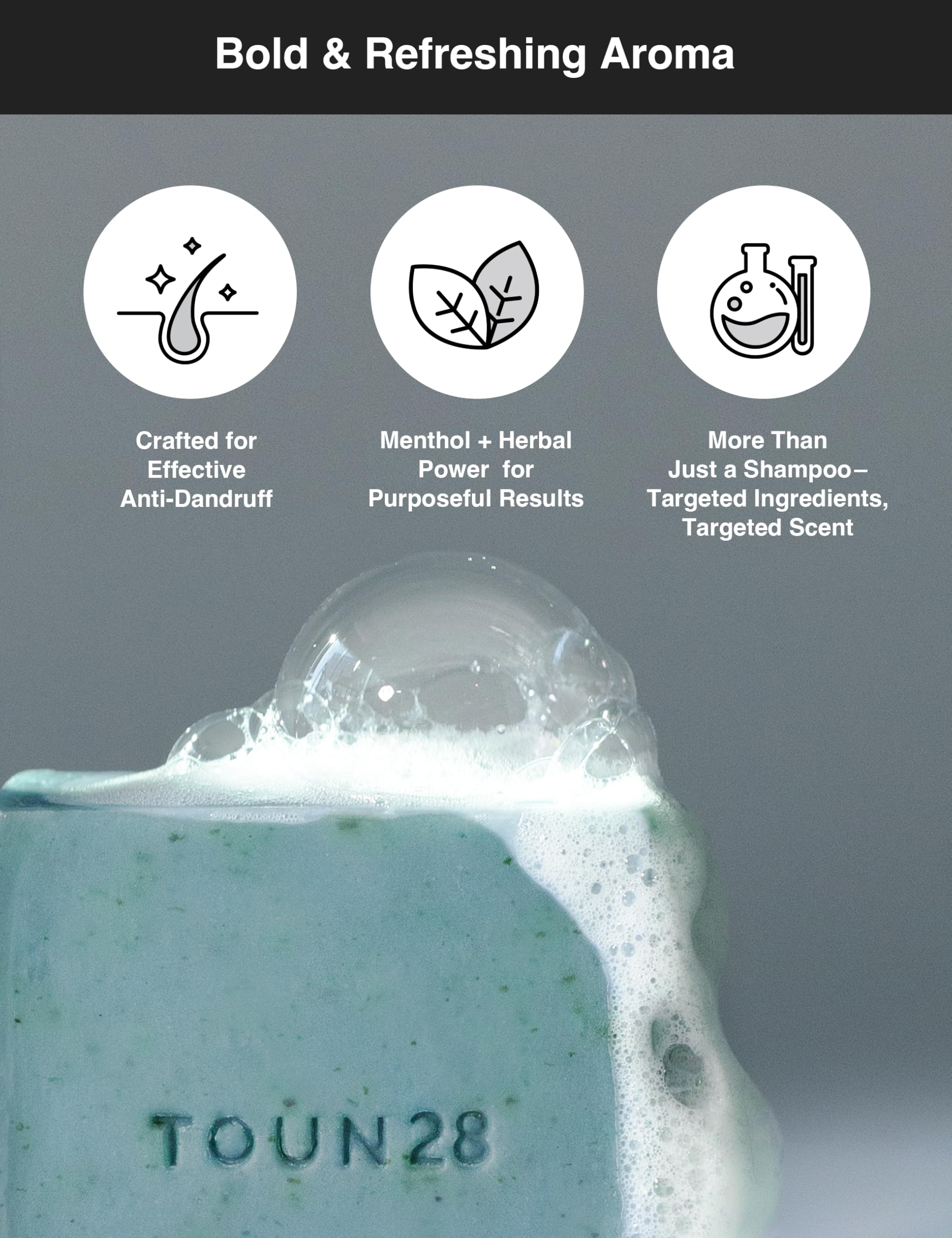 TOUN28 dandruff-relief shampoo bar image suggesting scalp comfort