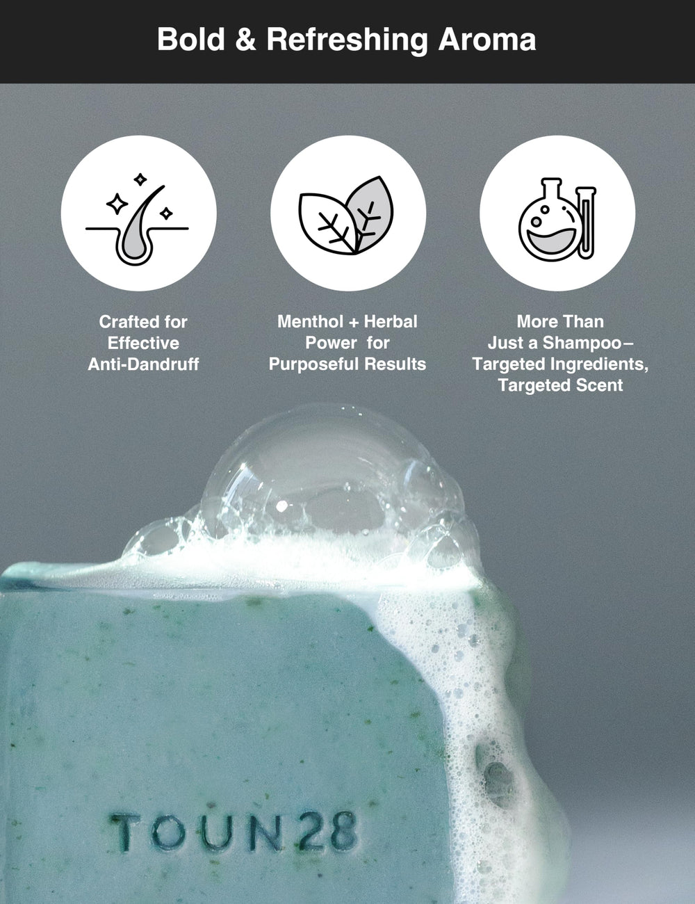 TOUN28 dandruff-relief shampoo bar image suggesting scalp comfort