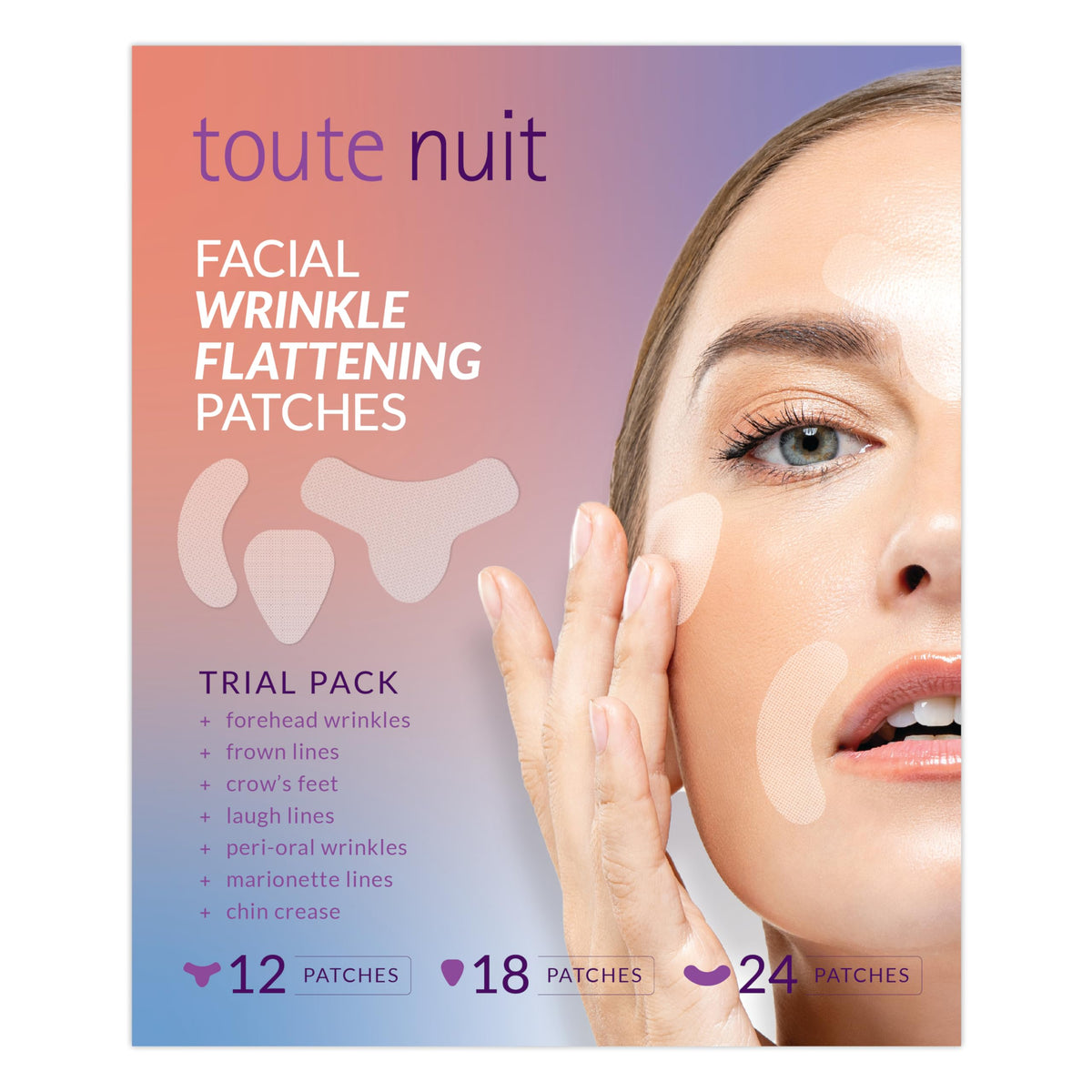 Toute Nuit Wrinkle Patches Y-shapes target forehead lines for overnight smoothing.