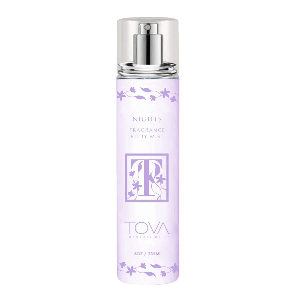 Tova Nights bottle front view shows white lilies for an elegant evening scent.