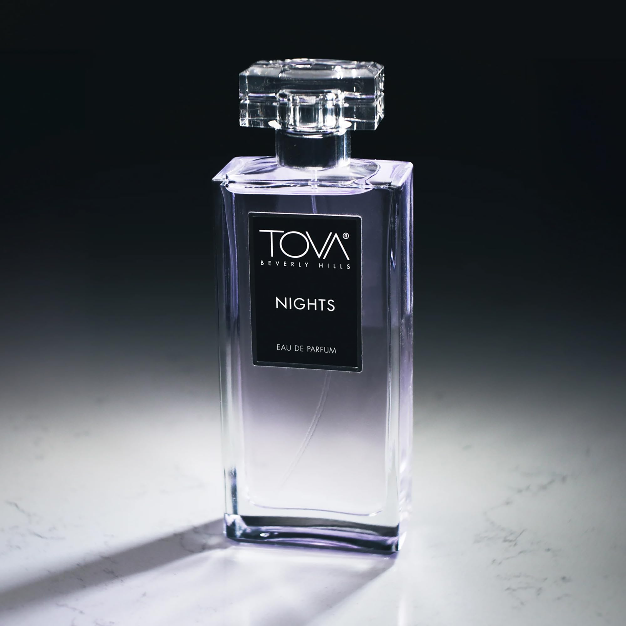 Tova Nights woody base emphasizes musk and woods for lasting evenings.