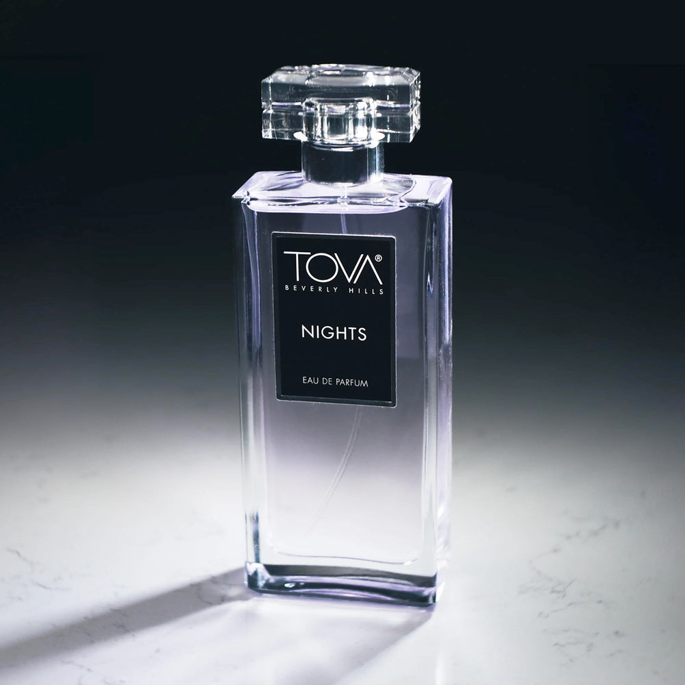 Tova Nights woody base emphasizes musk and woods for lasting evenings.