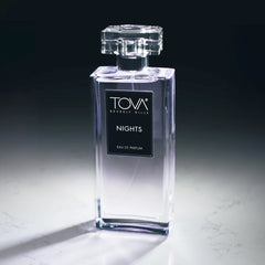 Tova Nights woody base emphasizes musk and woods for lasting evenings.