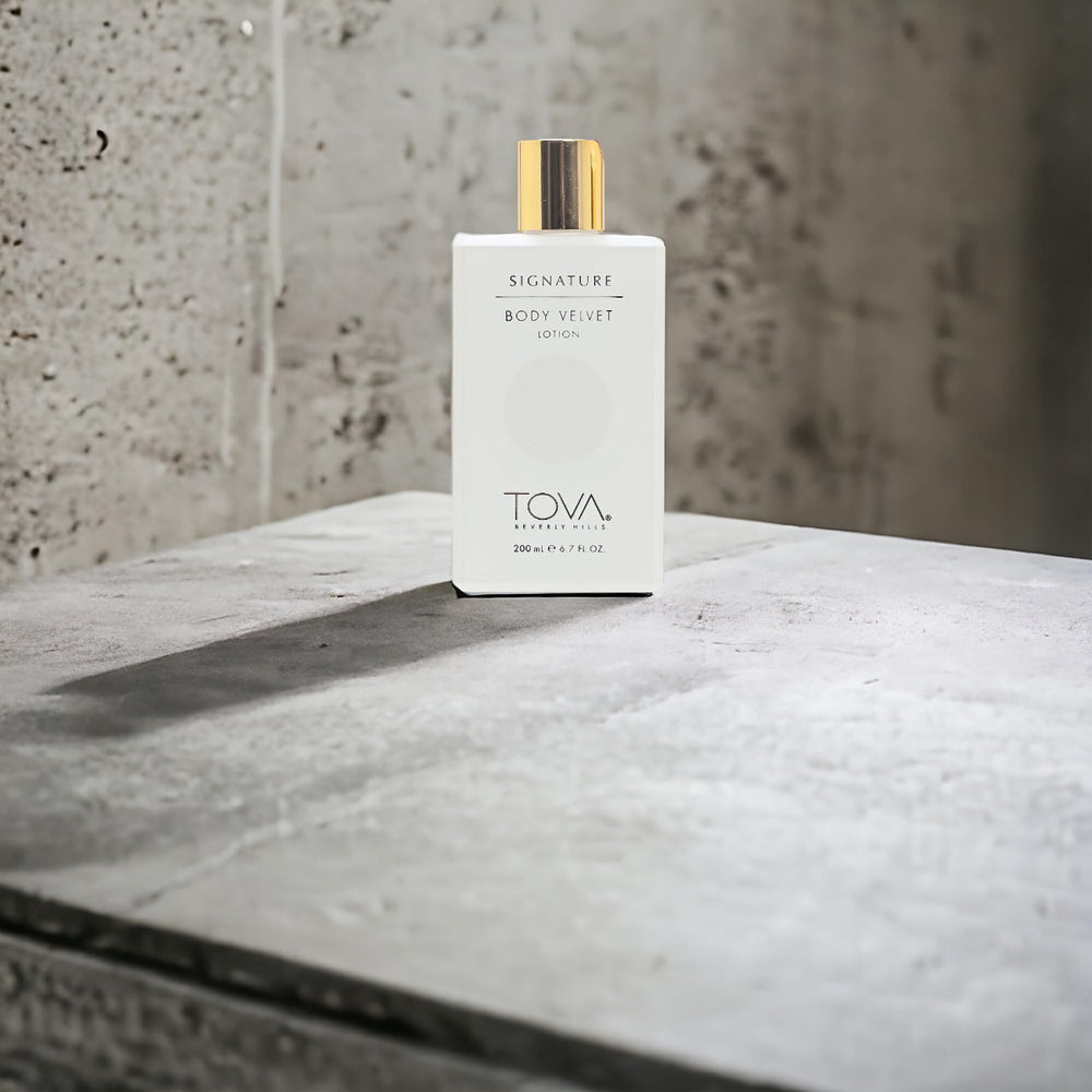 Tova Signature Body Velvet Lotion being applied for a smooth, soft finish