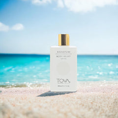 Tova Signature Body Velvet Lotion texture close-up highlighting creamy, fast-absorbing formula