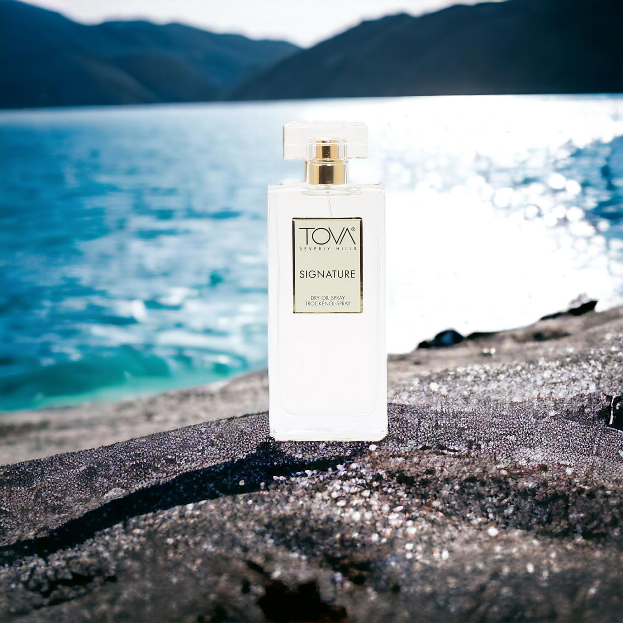 Tova Signature dry oil packaging close-up: USA-made, cruelty-free luxury.