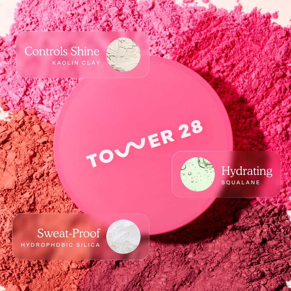 Tower 28 GetSet blush topper applied over cream blush for added dimension.