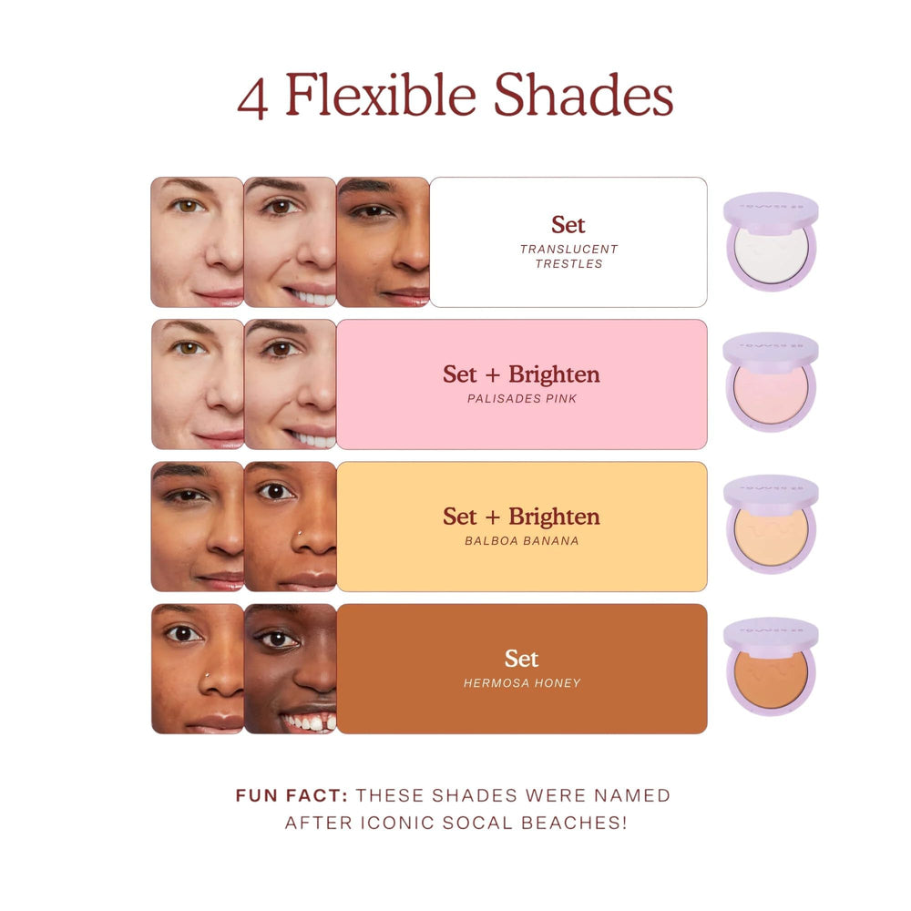 Tower 28 Set and Blur Powder swatch on skin demonstrates seamless blending and soft-matte look