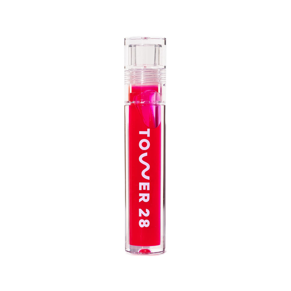 Tower 28 ShineOn Lip Jelly XOXO bottle shows a non-sticky, hydrating gloss.