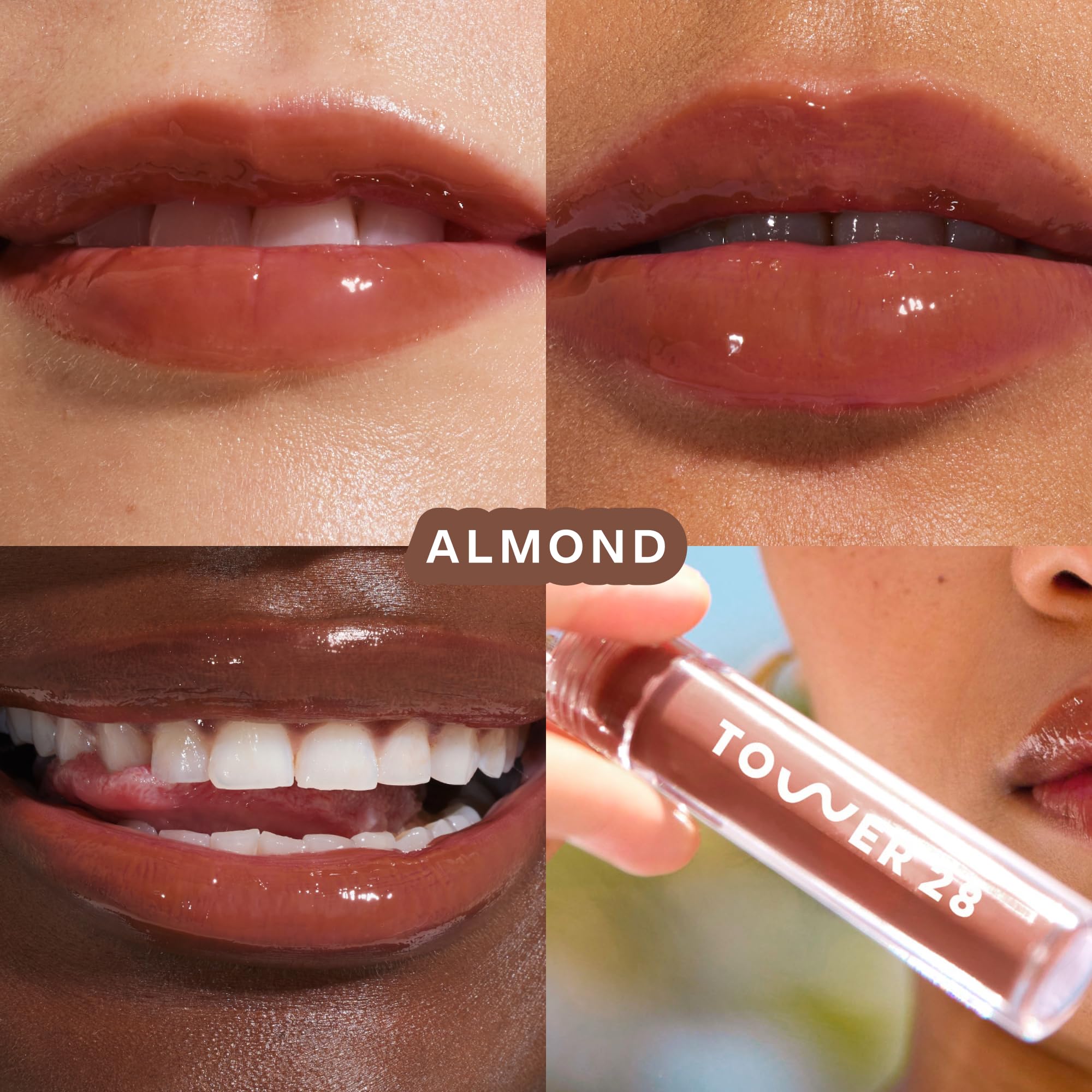 Tower 28 ShineOn Milky Lip Jelly Almond bottle closeup highlights glossy finish and hydration.
