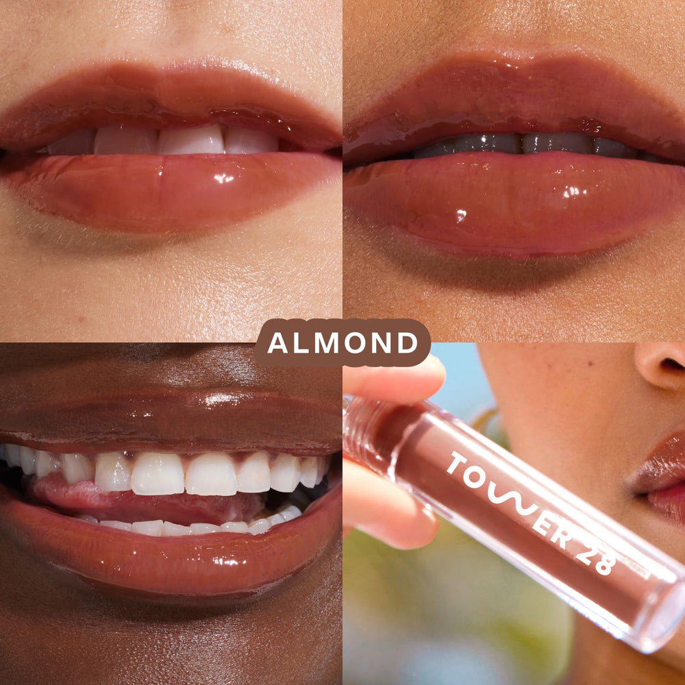Tower 28 ShineOn Milky Lip Jelly Almond bottle closeup highlights glossy finish and hydration.