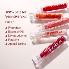 Tower 28 ShineOn Milky Lip Jelly Pistachio swatch shows milky nude-pink shade.