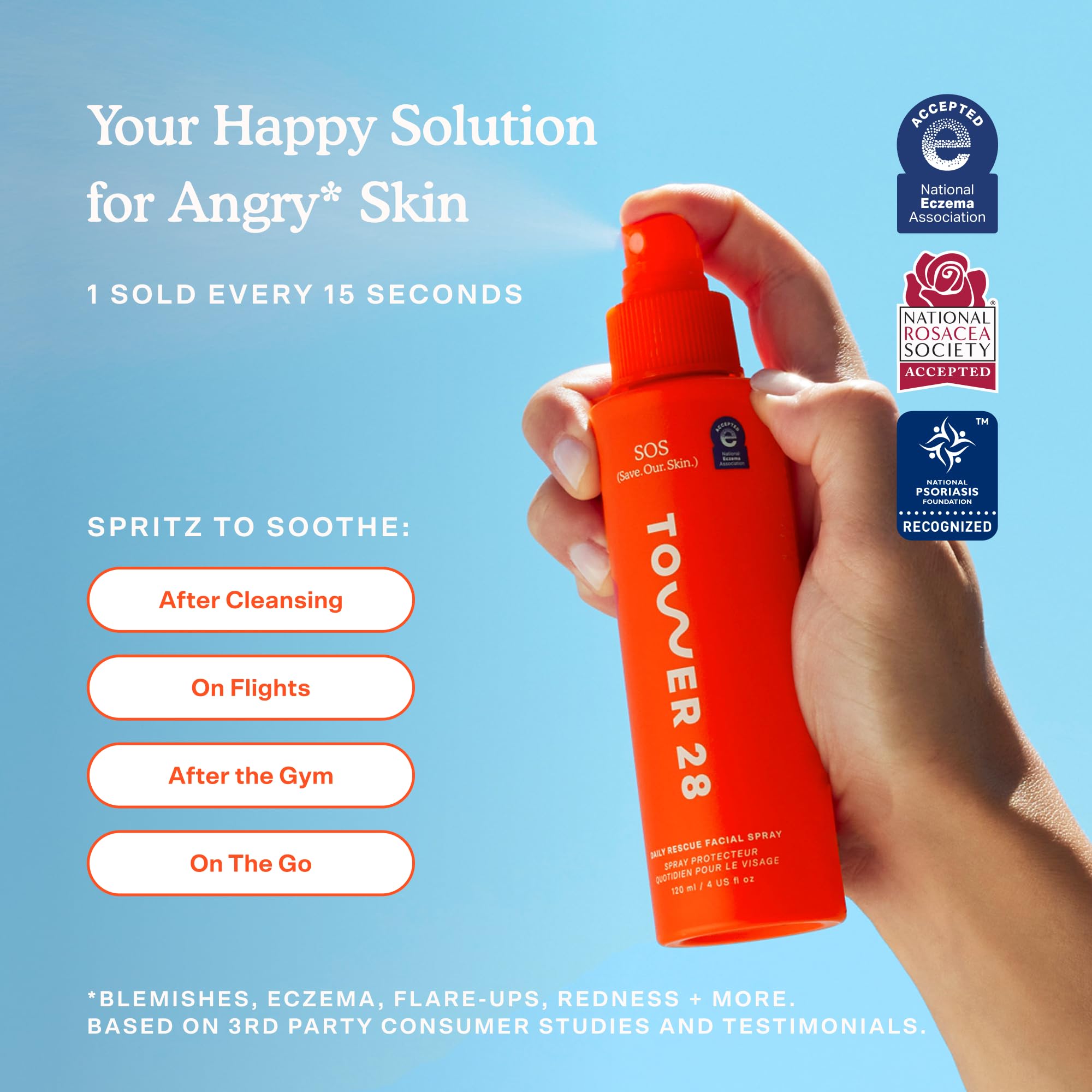 Tower 28 SOS Daily Rescue transparent bottle with simple packaging.