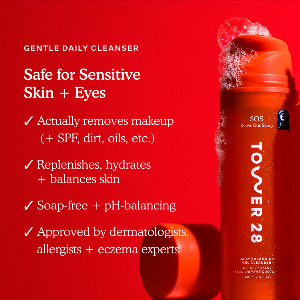 Tower 28 SOS Gel Cleanser on a palm showing gentle makeup removal.