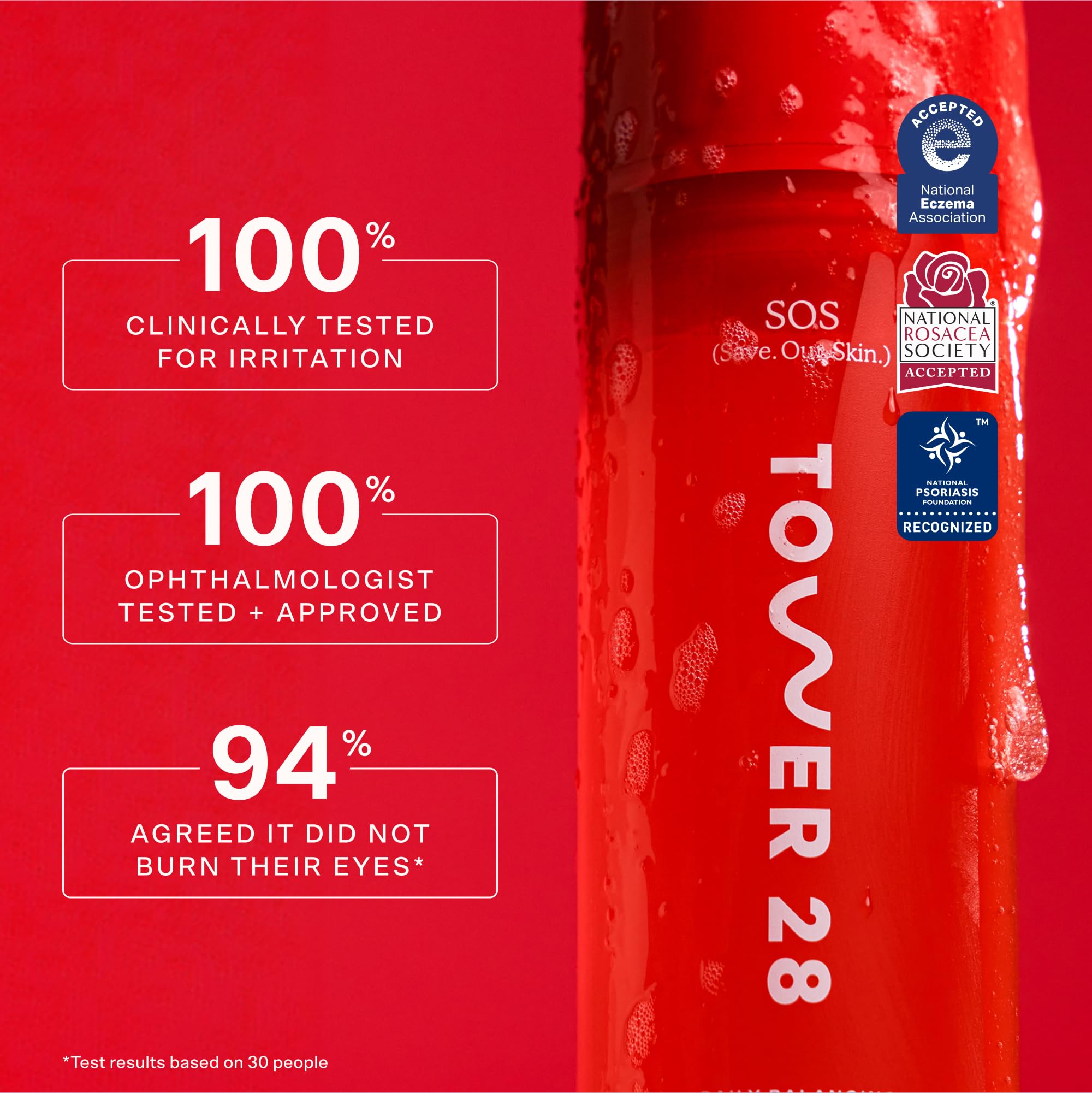 Tower 28 SOS Gel Cleanser oat extract on packaging emphasizing calming formula.