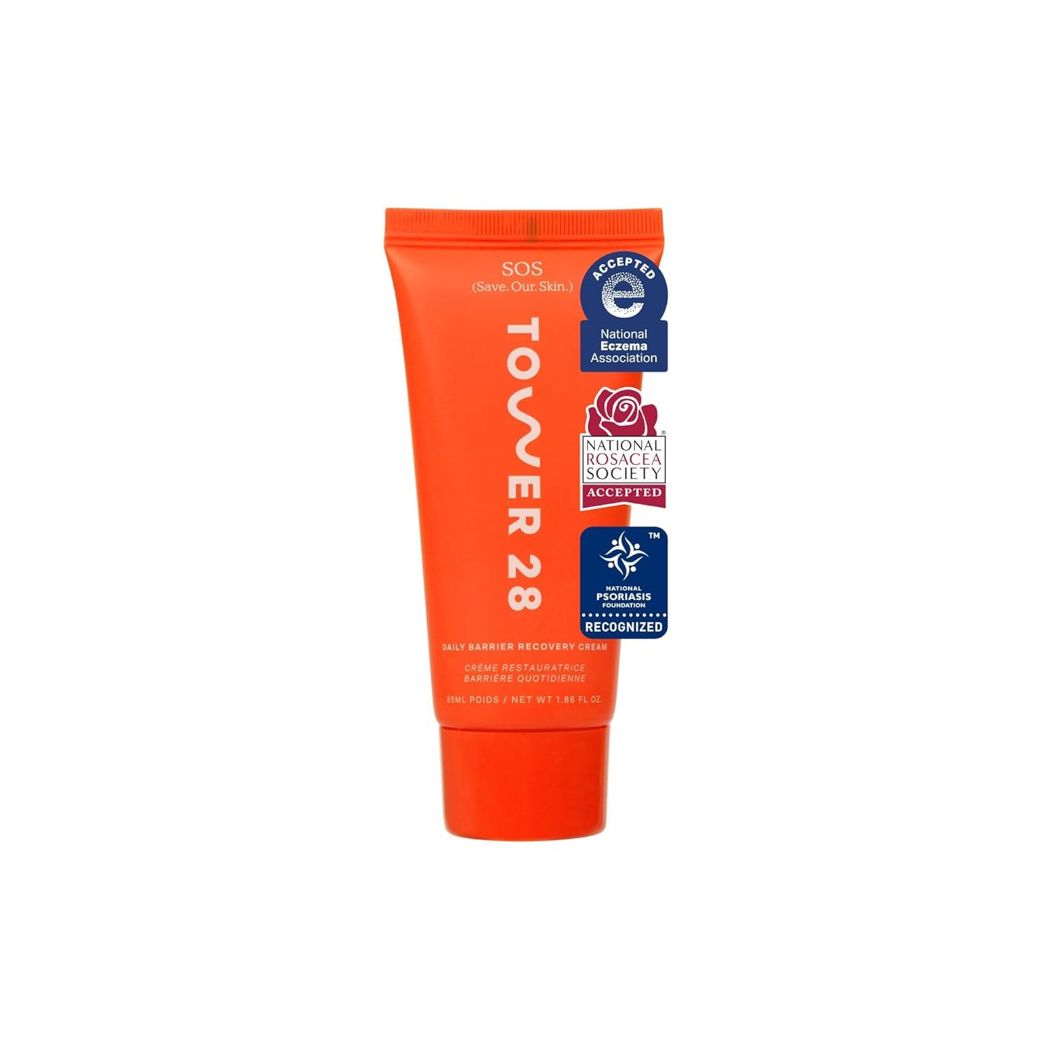 Tower 28 SOS Recovery Face Cream bottle close-up highlighting hydrating formula for sensitive skin.