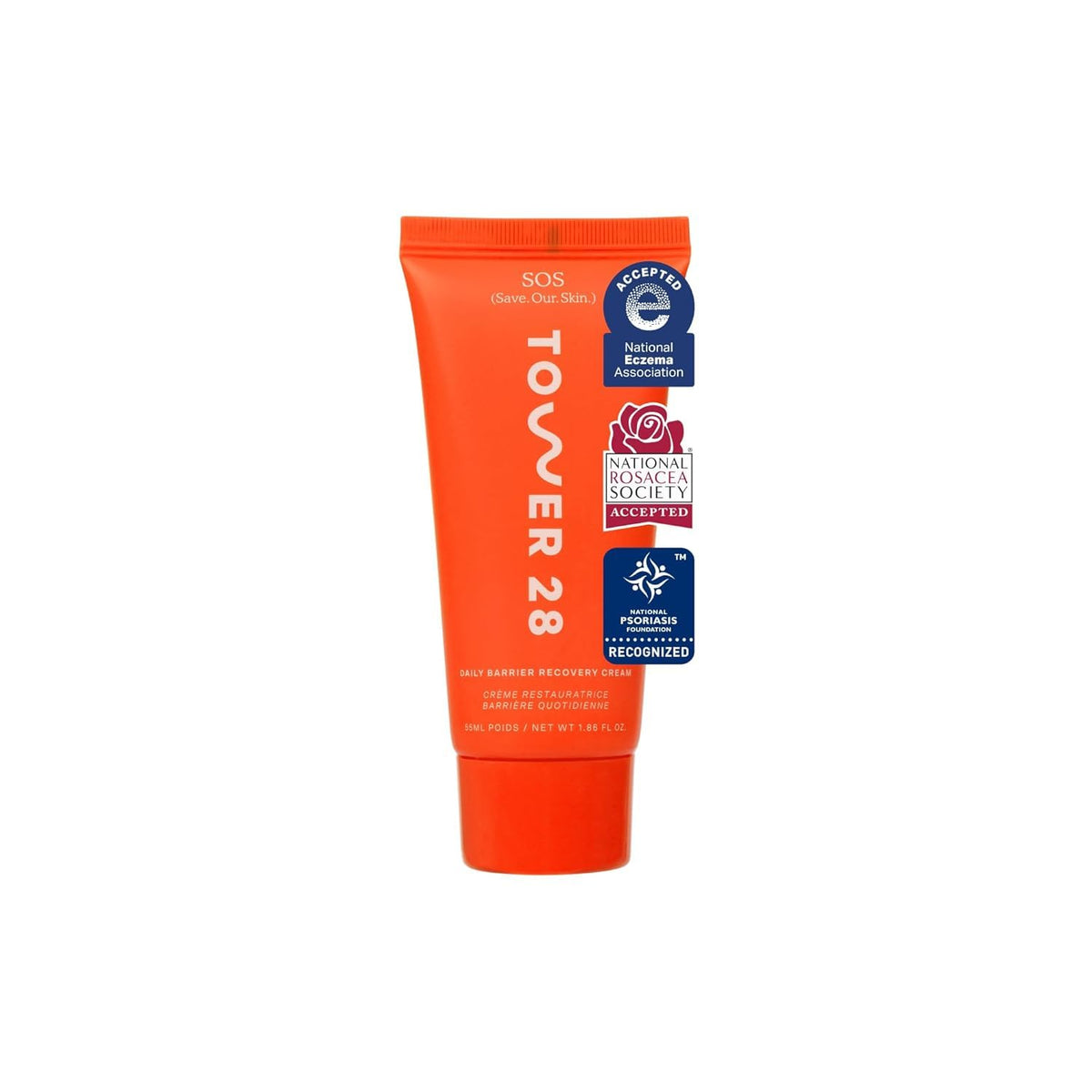 Tower 28 SOS Recovery Face Cream bottle close-up highlighting hydrating formula for sensitive skin.
