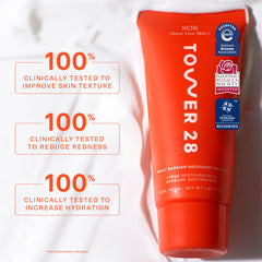 Packaging of Tower 28 SOS Recovery Face Cream emphasizes ceramides for barrier support.