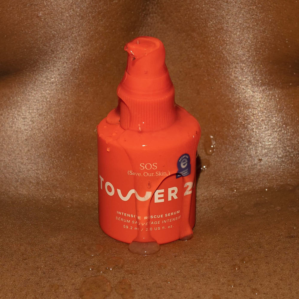 Tower 28 SOS Rescue Face Serum packaging image hints eco-conscious design.