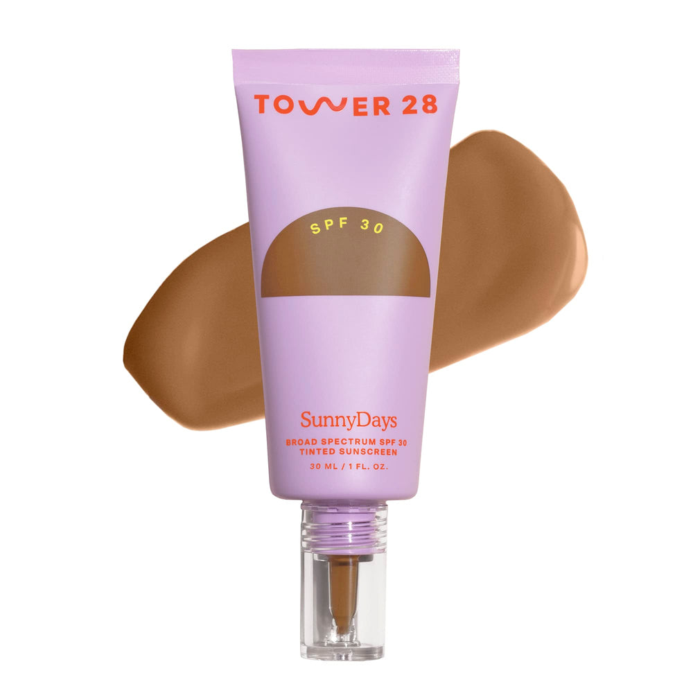 Tower 28 SunnyDays SPF 30 tinted moisturizer bottle shows lightweight protection and natural finish.