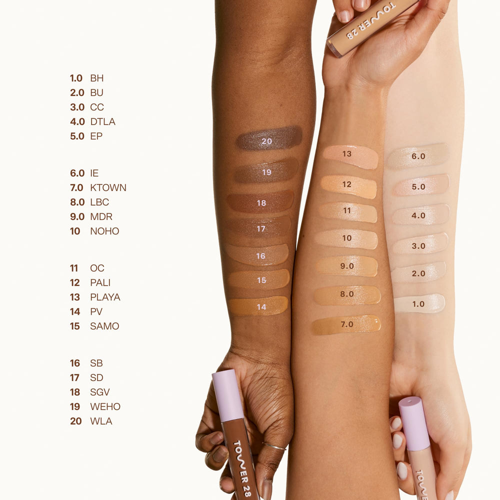 Tower 28 Swipe Serum Concealer brush application demonstrates seamless blending for sensitive skin.