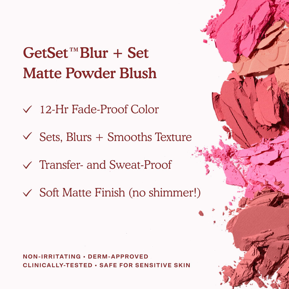 Applying Tower 28 GetSet Matte Powder Blush with brush on the cheek