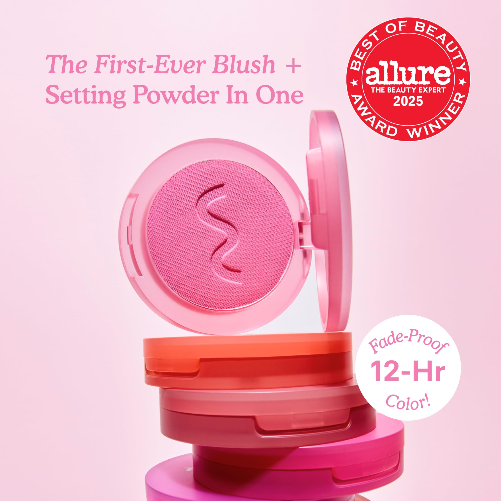 Swatch of Tower 28 GetSet Matte Powder Blush Sawtelle Slushie on skin for rosy flush