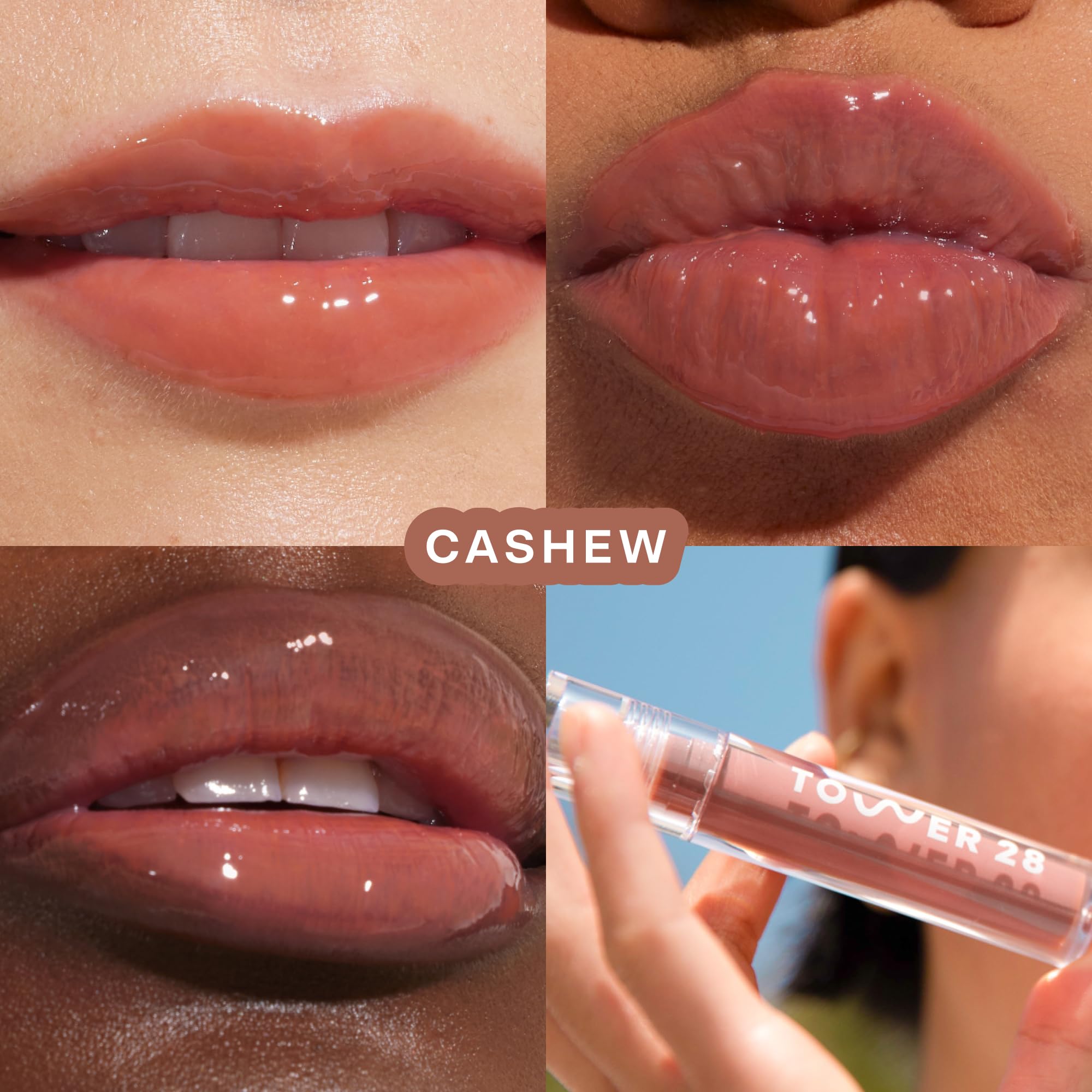 Tower 28 ShineOn Milky Lip Jelly on lips showing non-sticky, hydrating gloss.