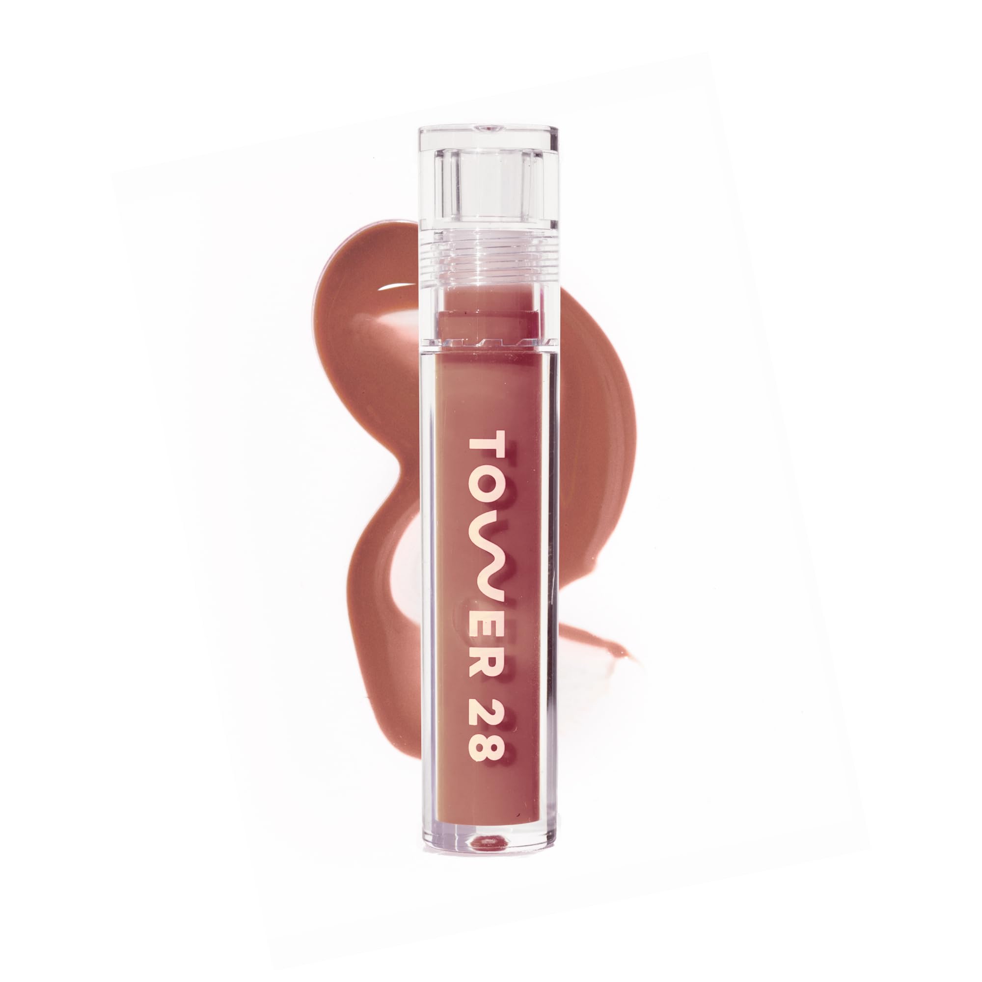Tower 28 ShineOn Milky Lip Jelly Cashew swatch on lips for a milky rosy shade.