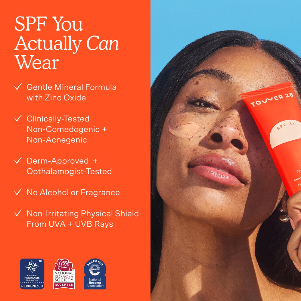 Tower 28 SOS FaceGuard SPF 30 sweat-proof design supports outdoor activity.