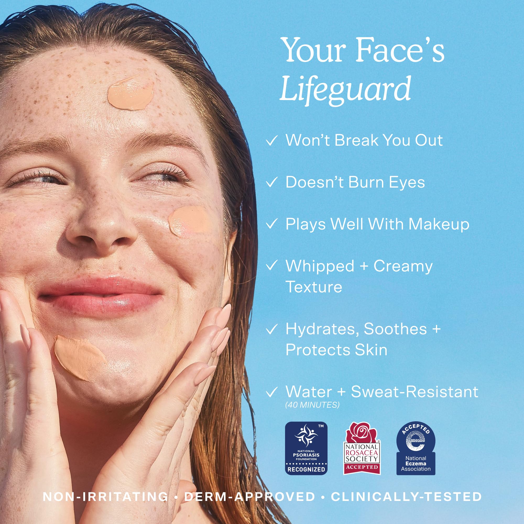 Tower 28 SOS FaceGuard SPF 30 cream texture close-up shows whipped, lightweight sunscreen.