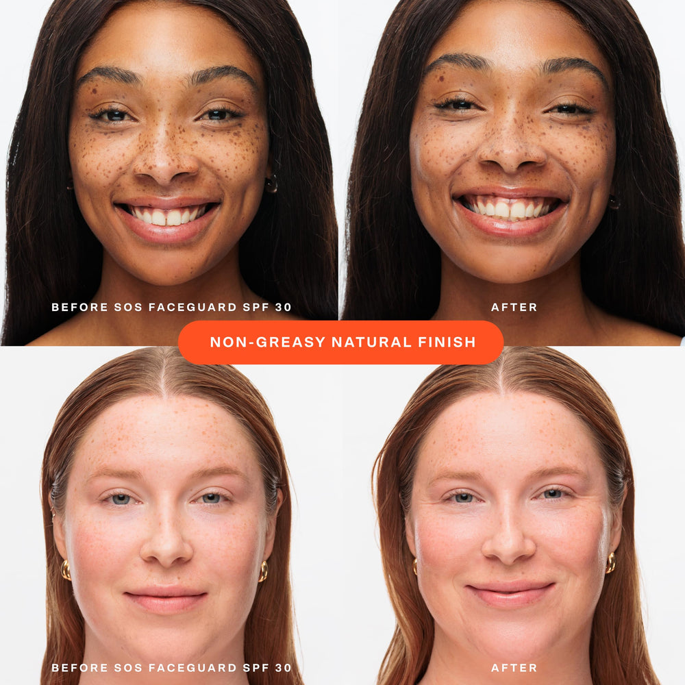 Tower 28 SOS FaceGuard SPF 30 under makeup demonstrates seamless layering.