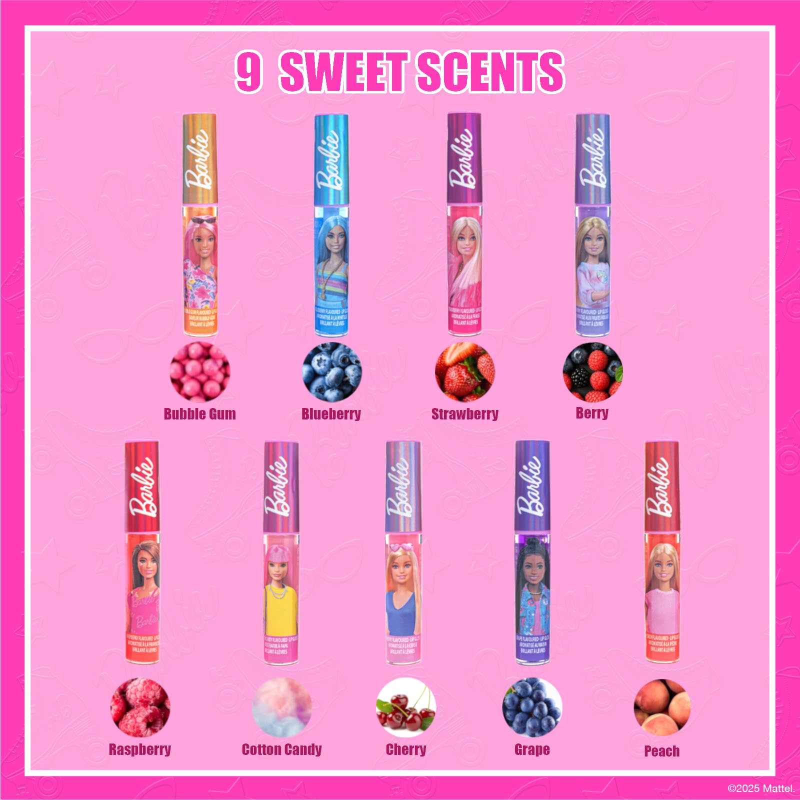 Townley Girl Barbie cherry lip gloss flavor enhances smiles with a glossy shine.